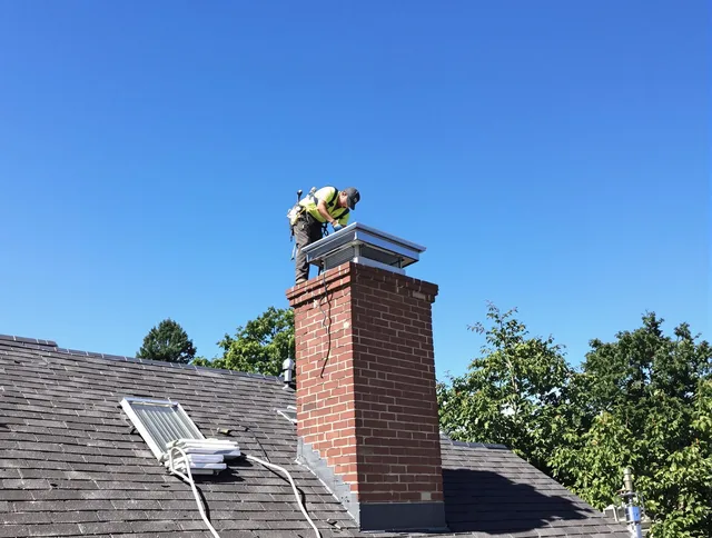 Stamford Chimney Sweep technician measuring a chimney cap in Stamford, CT