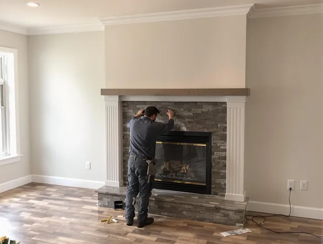 Stamford Chimney Sweep finishing a custom fireplace install in Stamford, CT